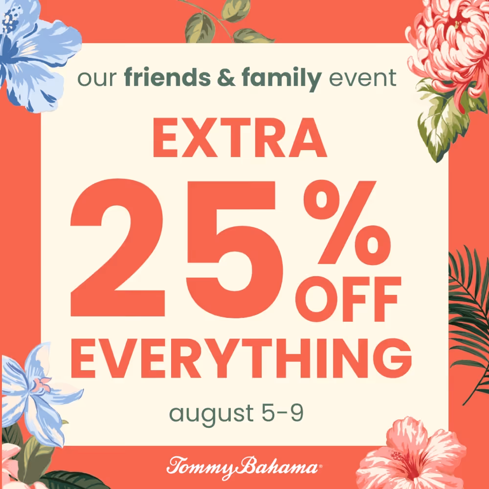 25 percent off text on tommy bahama coral colored floral print