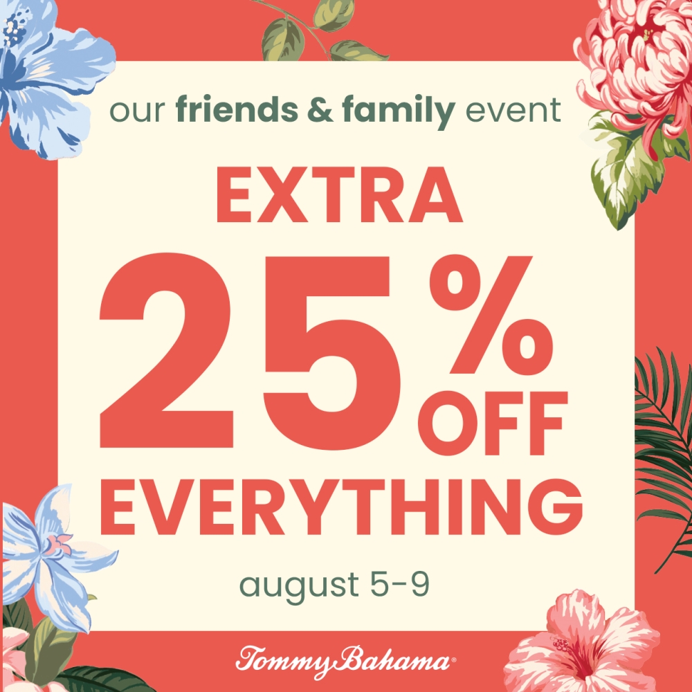 25 percent off text on tommy bahama coral colored floral print