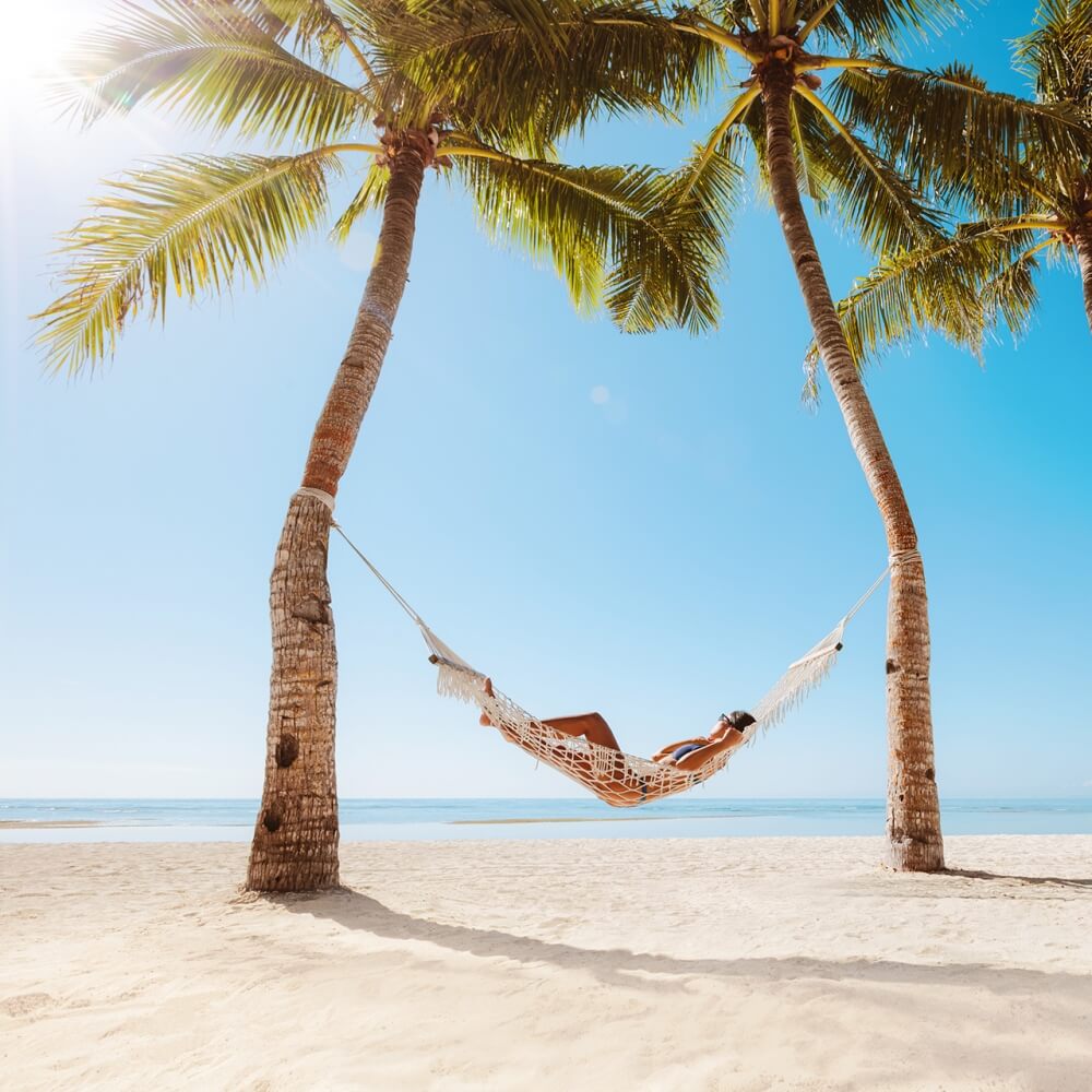 Person on a hammock between two palm trees