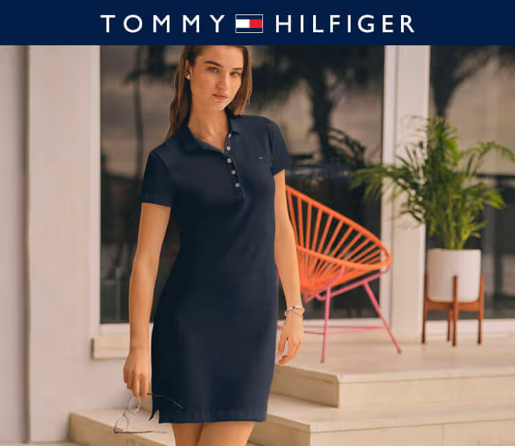 Model wearing Tommy Hilfiger black dress