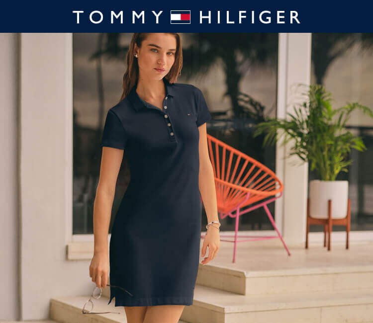 Model wearing Tommy Hilfiger black dress