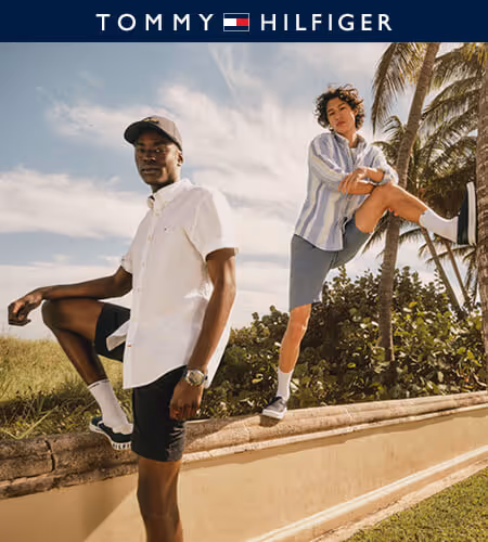 Two models wearing Tommy Hilfiger summer styles