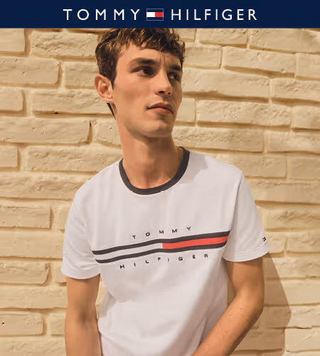 Model wearing classic white Tommy Hilfiger t-shirt