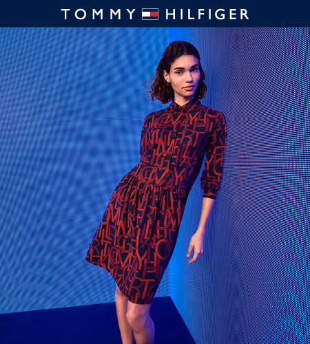 Model wearing red Tommy Hilfiger Dress