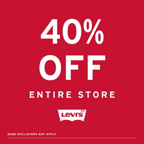 Bottoms, Tops, Outerwear And Accessories 40% Off white text on red background
