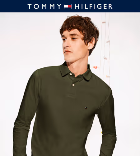 Model wearing forest green Tommy Hilfiger collared shirt
