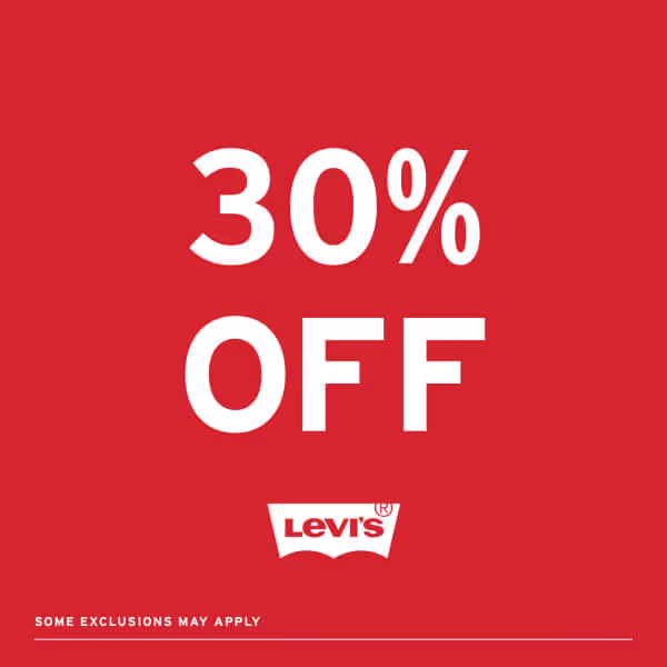 red background with white letters saying '30% off, some exclusions may apply'