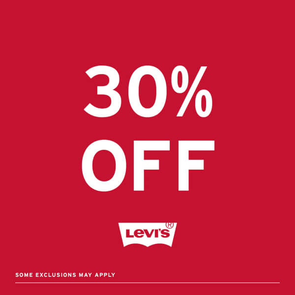 red background with white letters saying '30% off, some exclusions may apply'