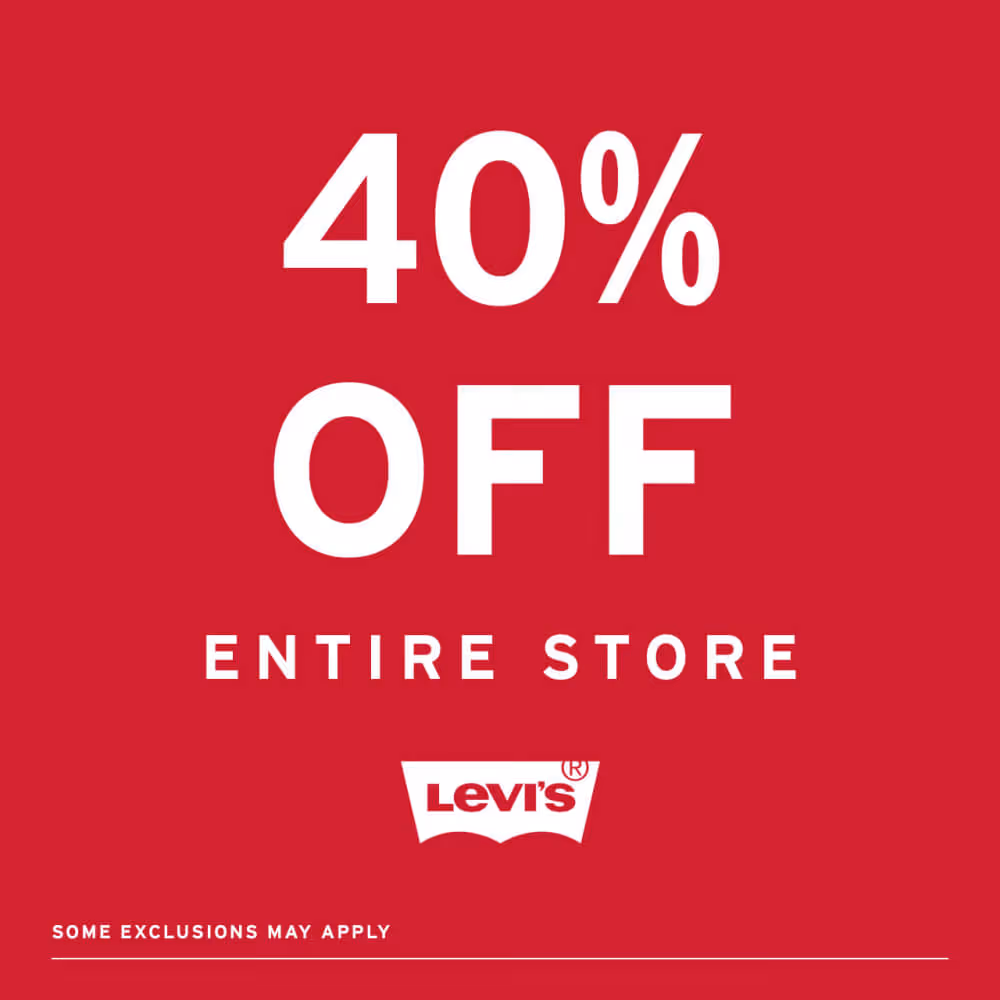 red background with white text saying " 40% off entire store, some exclusions apply"