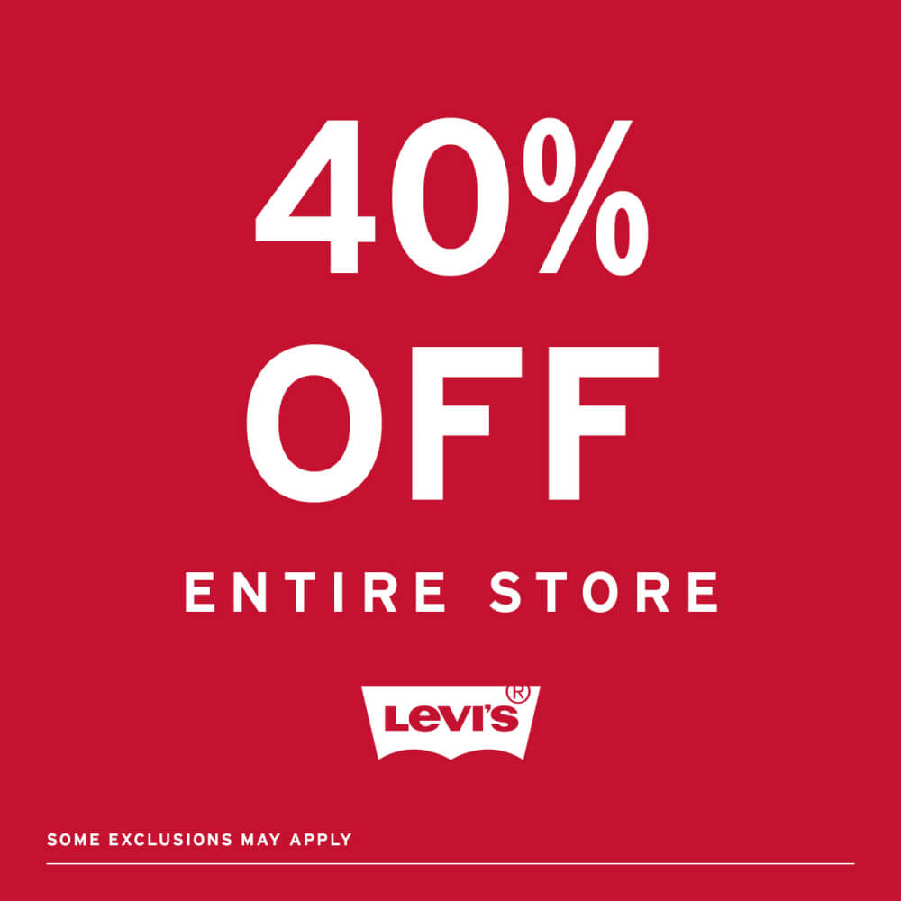 red background with white text saying " 40% off entire store, some exclusions apply"