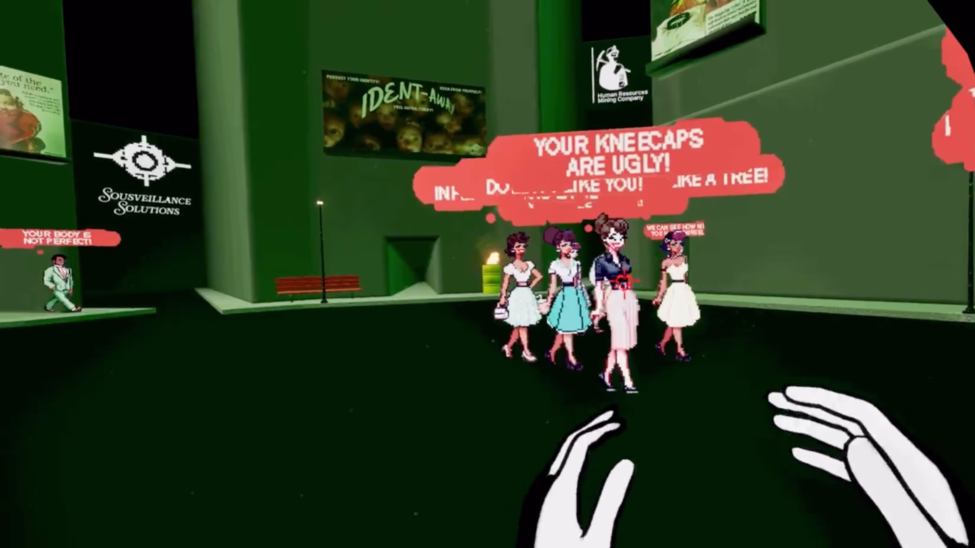 A group of people standing on top of a green floor.