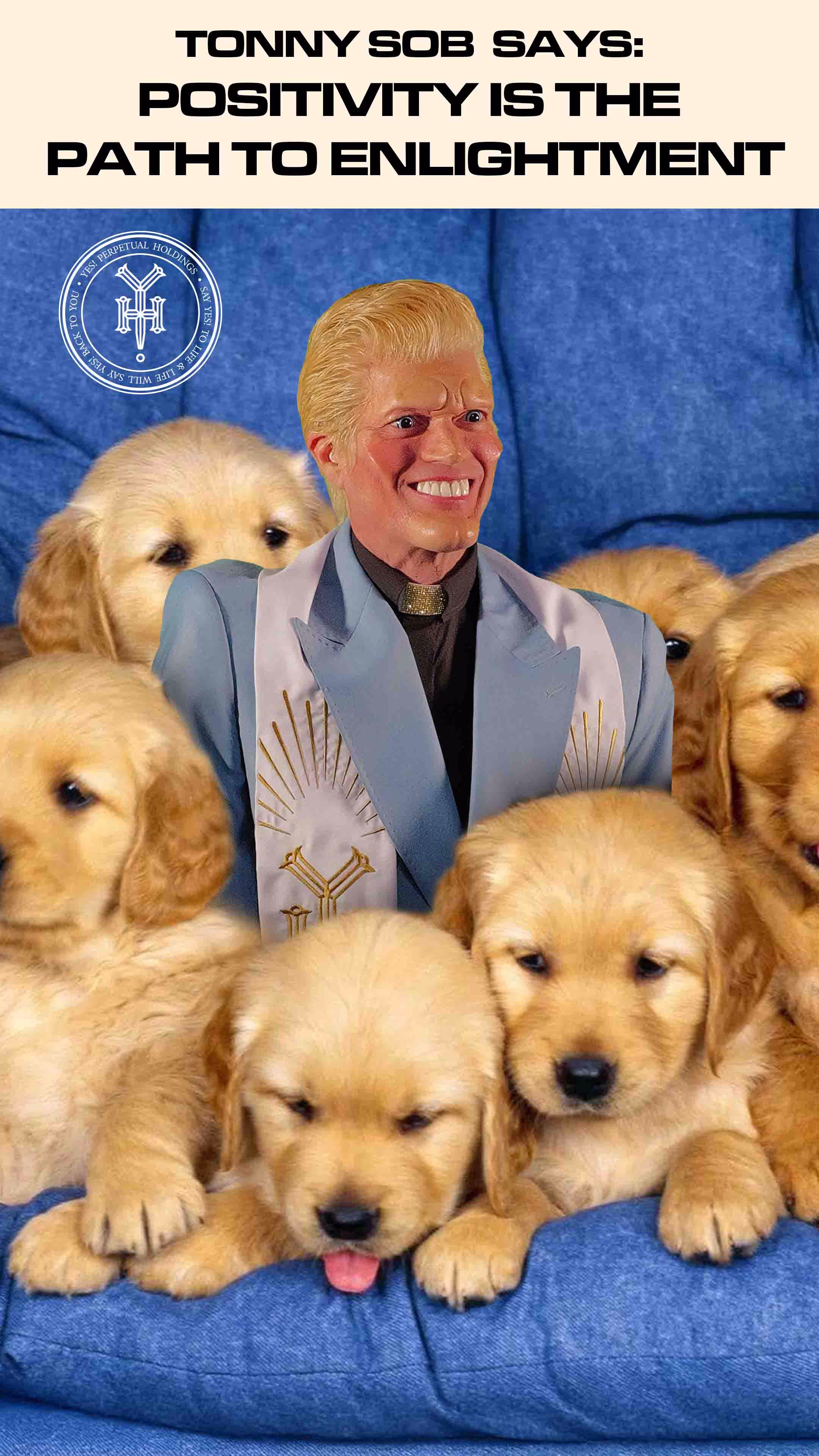 A poster of a man surrounded by puppies.