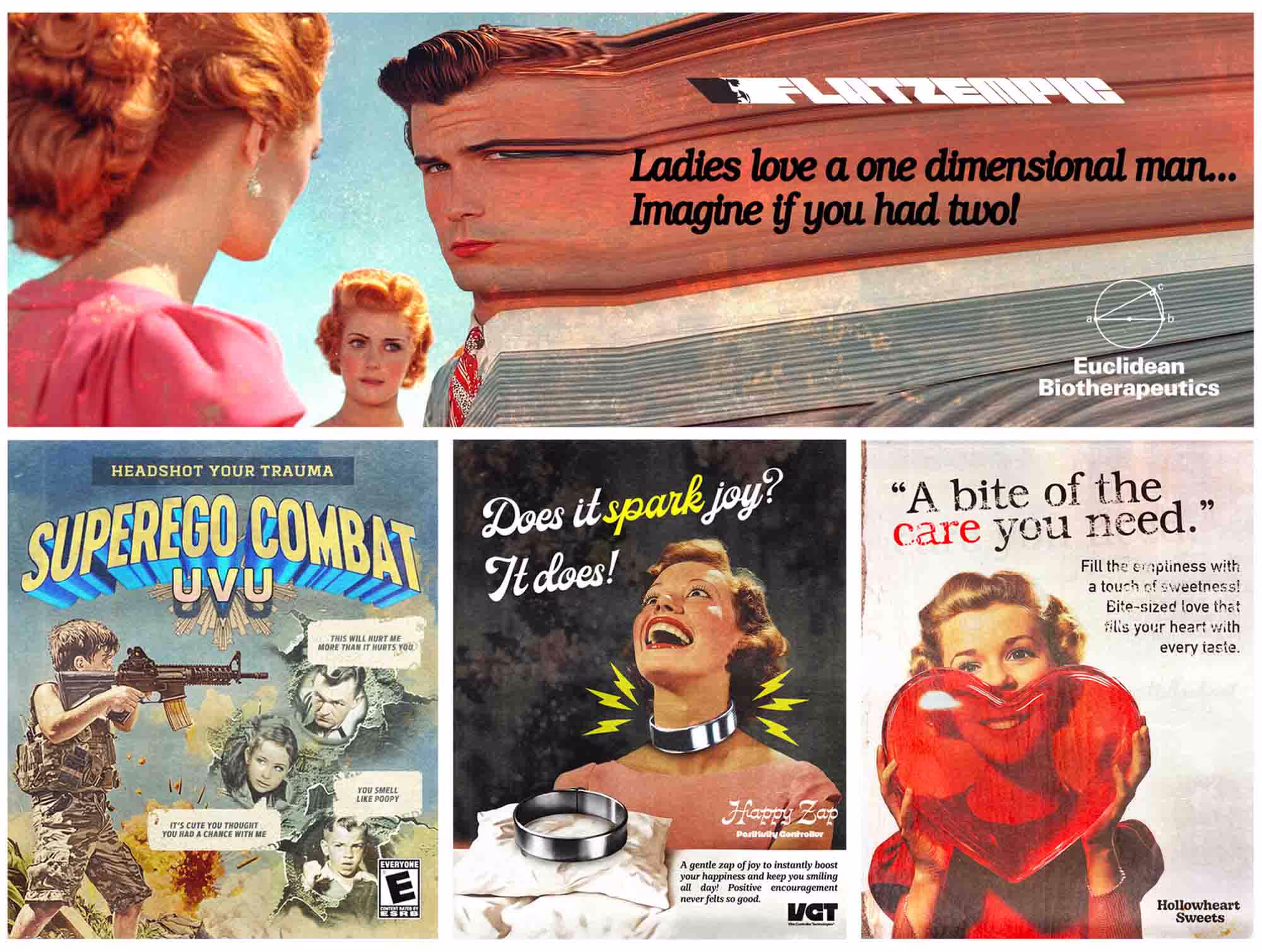 A collage of old movie posters with a woman looking at a man.