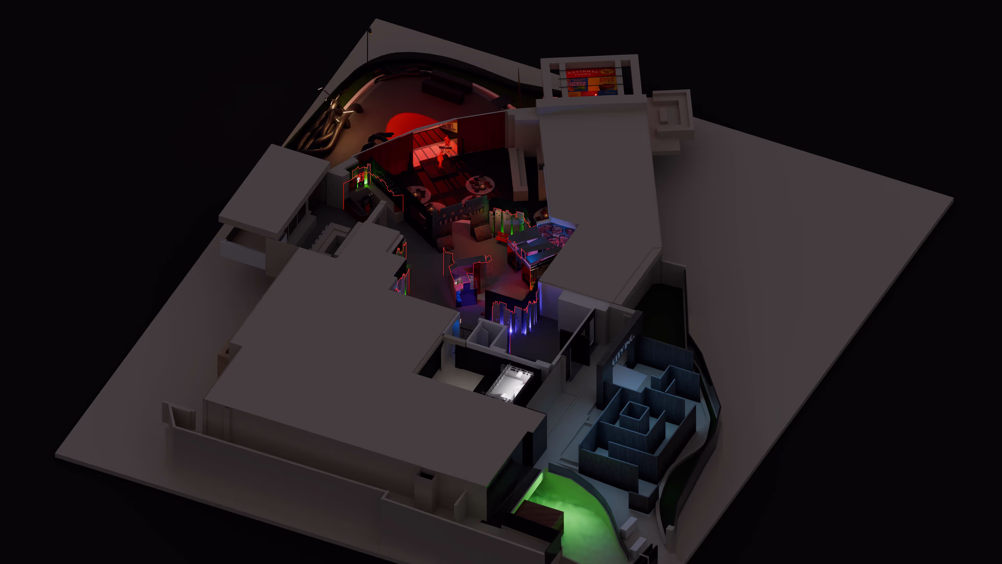 A model of a house with a green light.