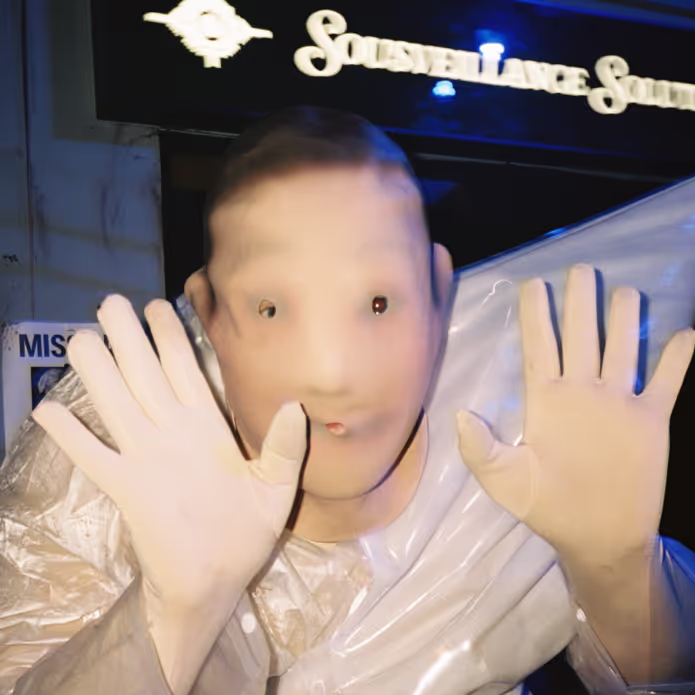 A man in a white shirt holding his hands up.