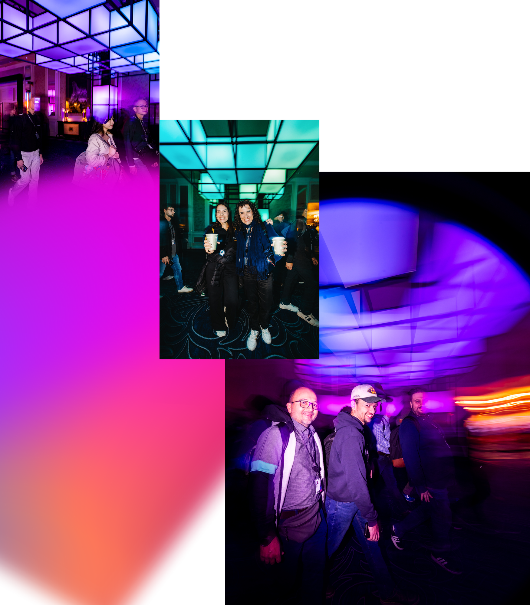 Three groups of people indoors under blue and purple illuminated ceiling panels, some holding coffee cups and smiling.