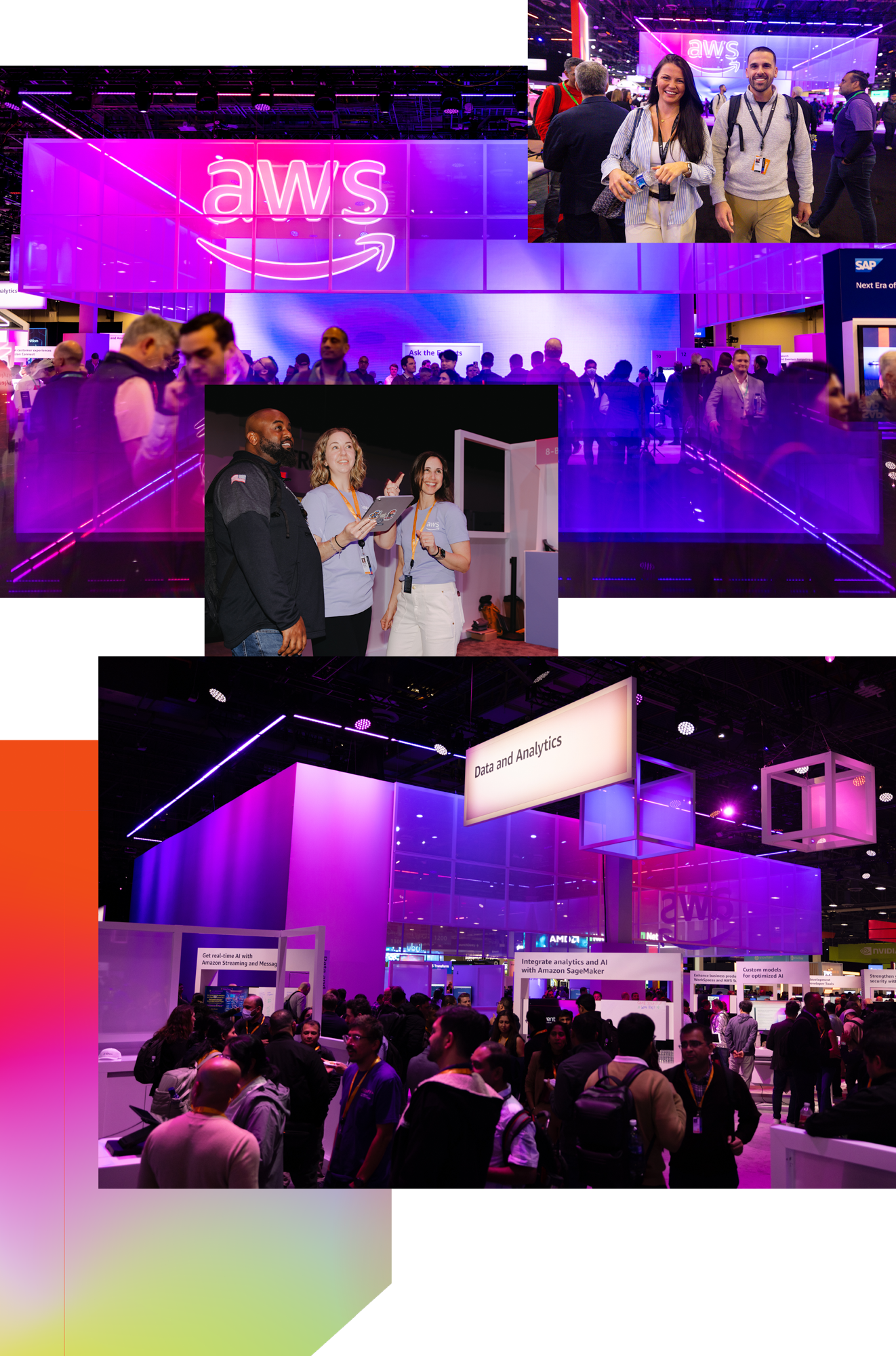 Crowded AWS convention booth with purple lighting, people networking, and signs for Data and Analytics and Amazon SageMaker.