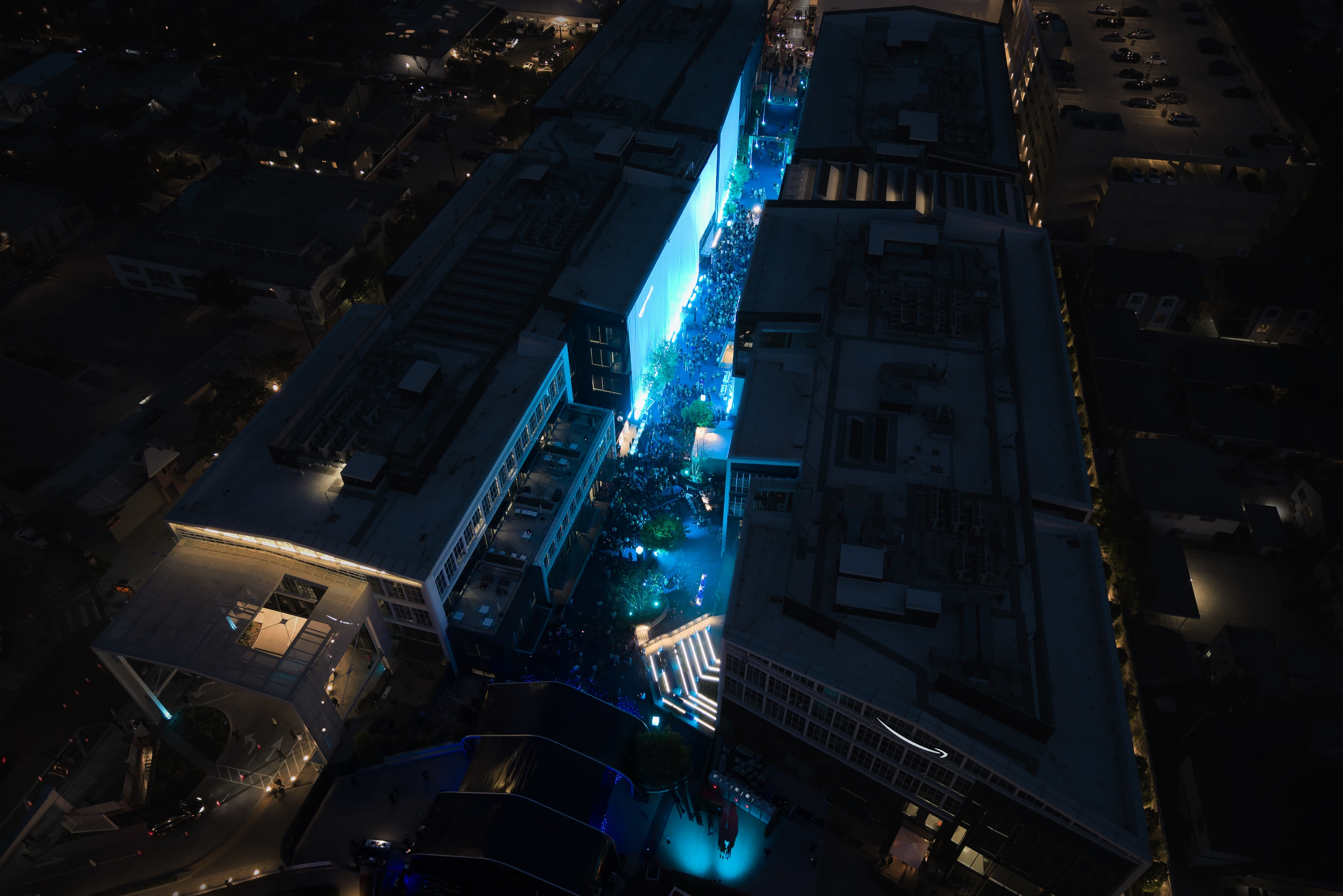 An aerial view of a city at night.