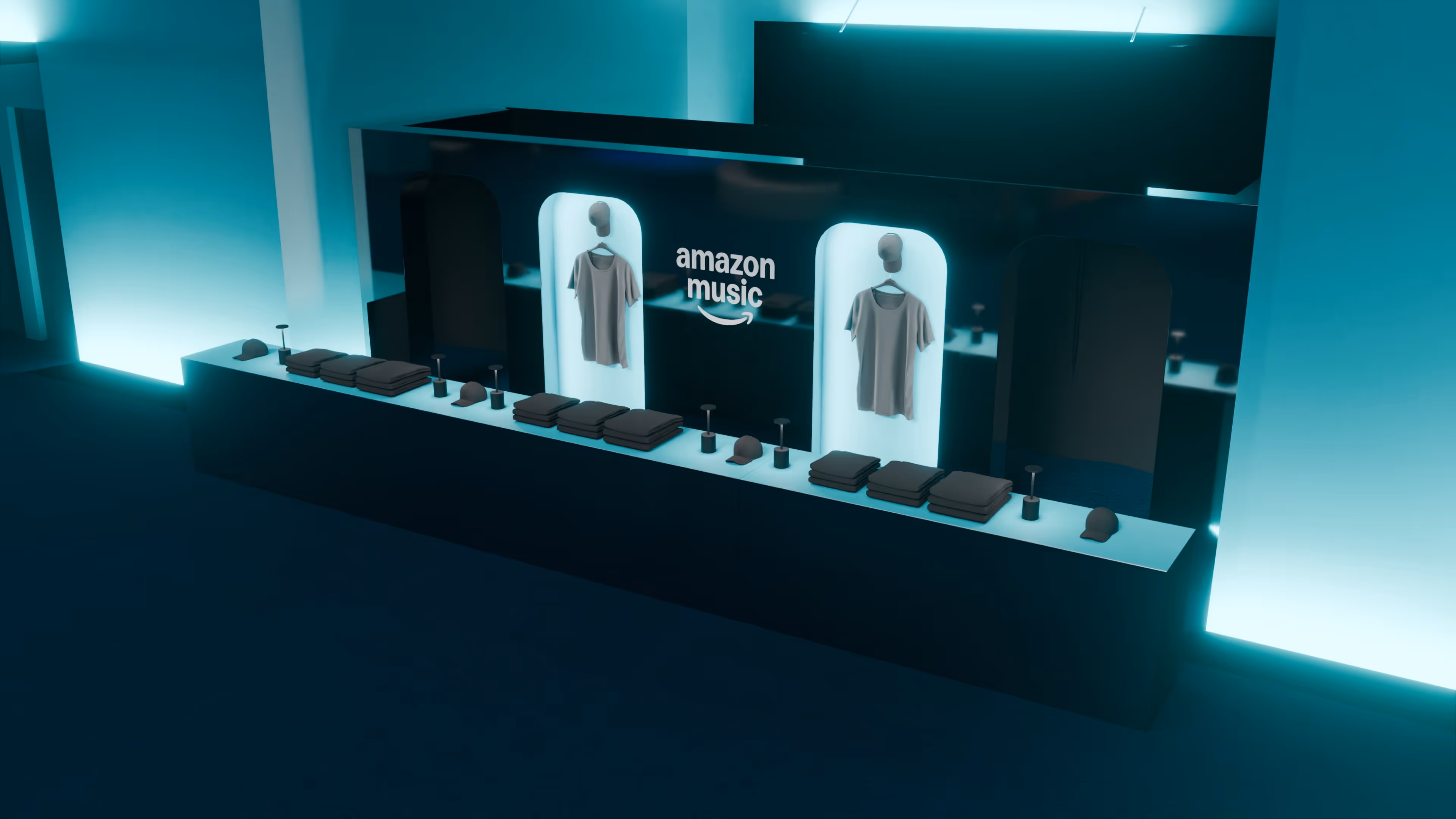 A display case with two men's suits on it.