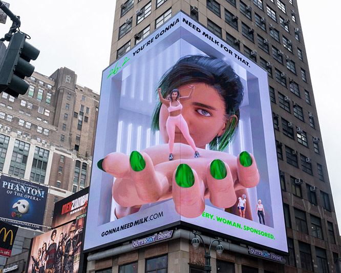A 3d Billboard depiction a woman's hand reaching out toward the viewer