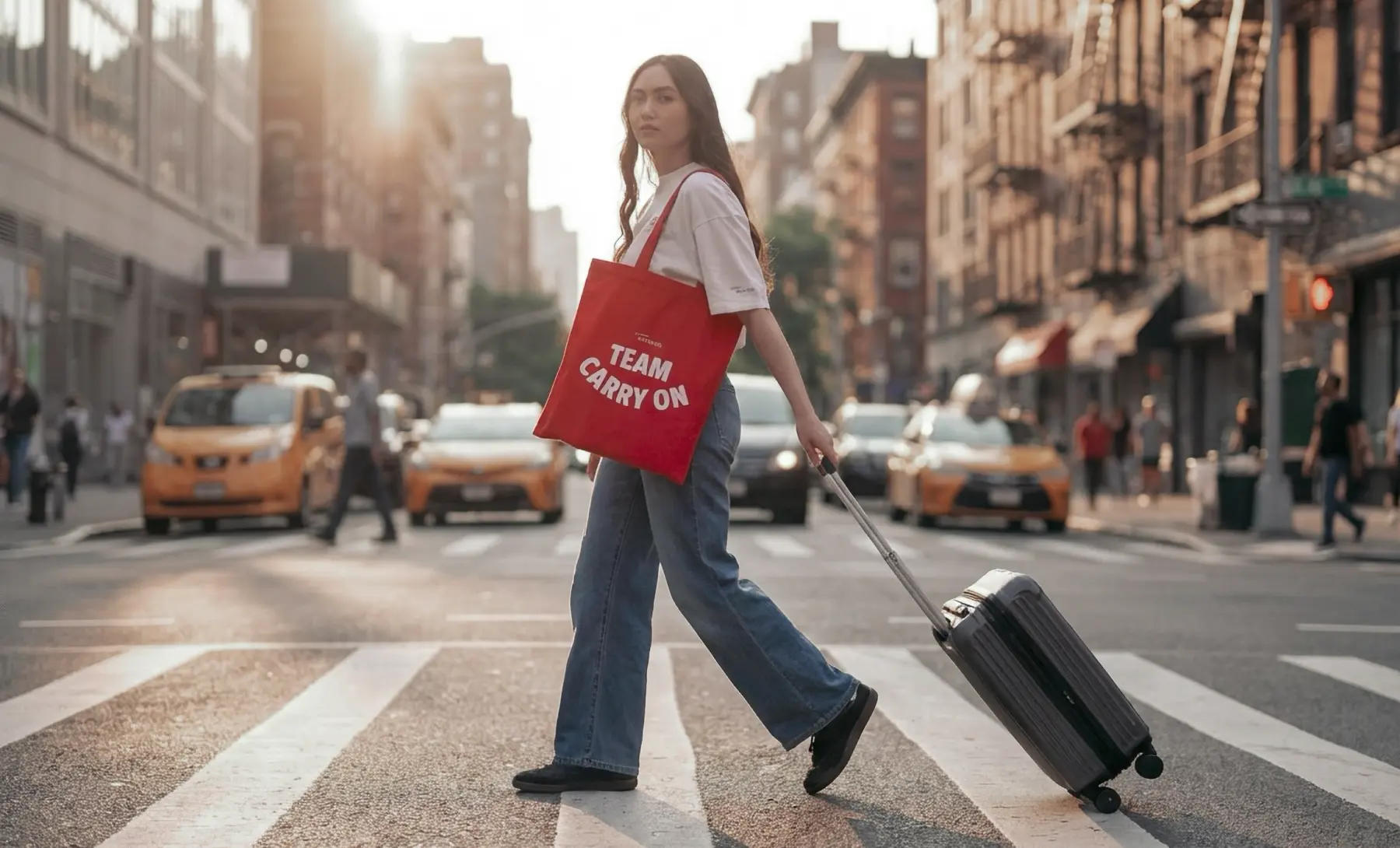 Image of model crossing a New York City crosswalk, pulling a suitcase and wearing a red Delta ‘Team Carry On’ tote bag.
