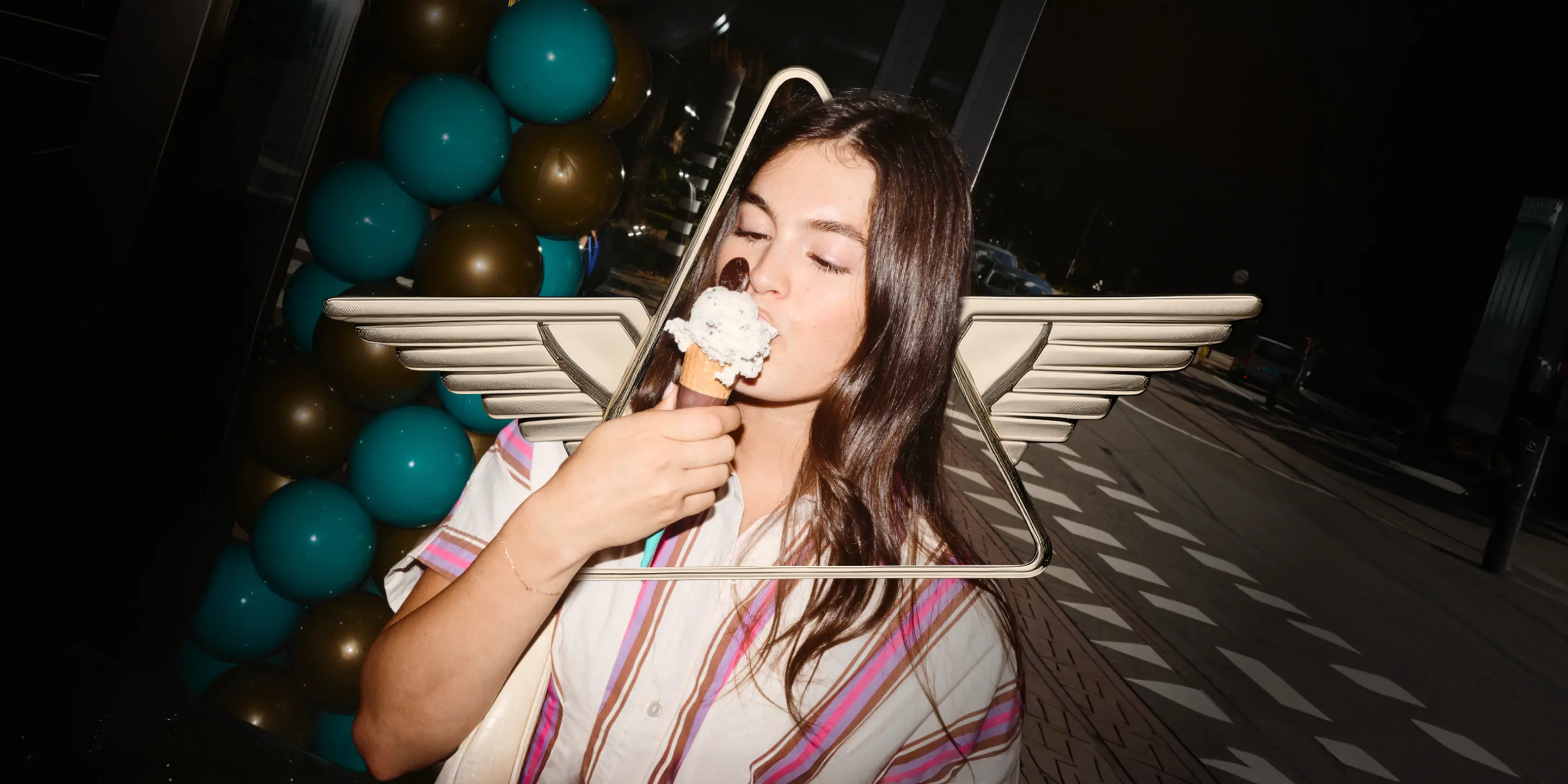 Hero image: Woman eating an ice cream cone in the middle of a Delta badge.