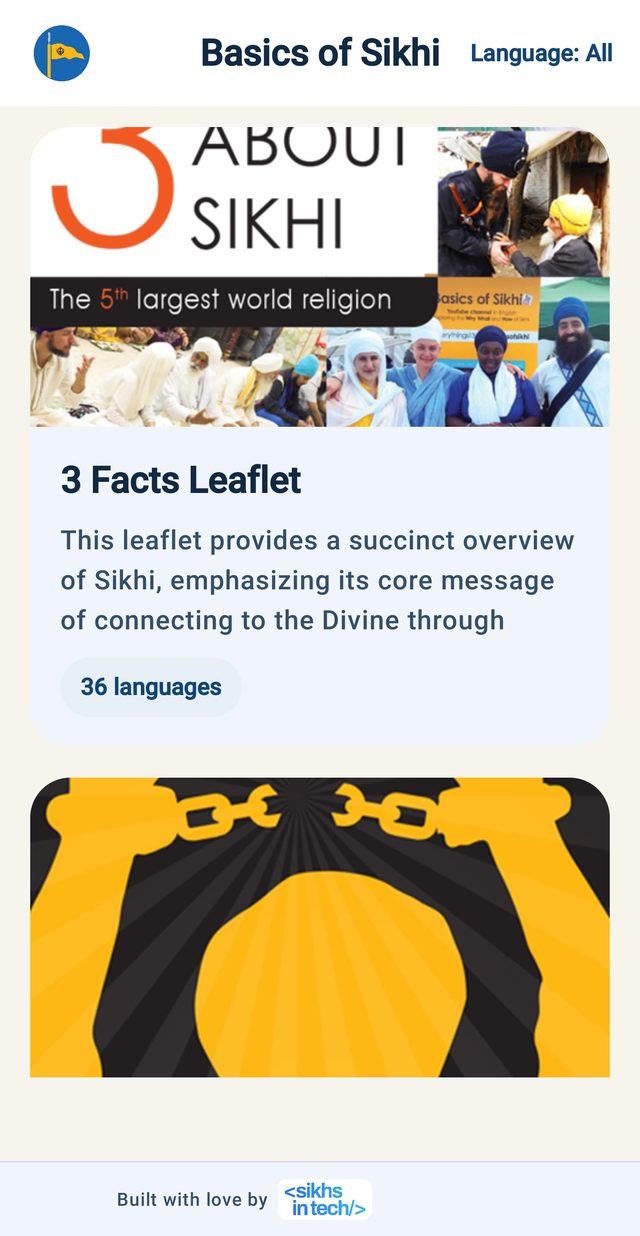 The 3 Facts About Sikhi leaflet in the app, available in 36 languages