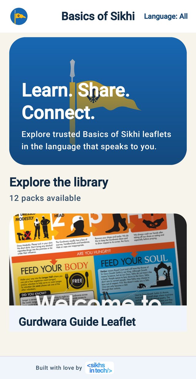 The Basics of Sikhi Leaflets app open on a phone, showing the leaflet library