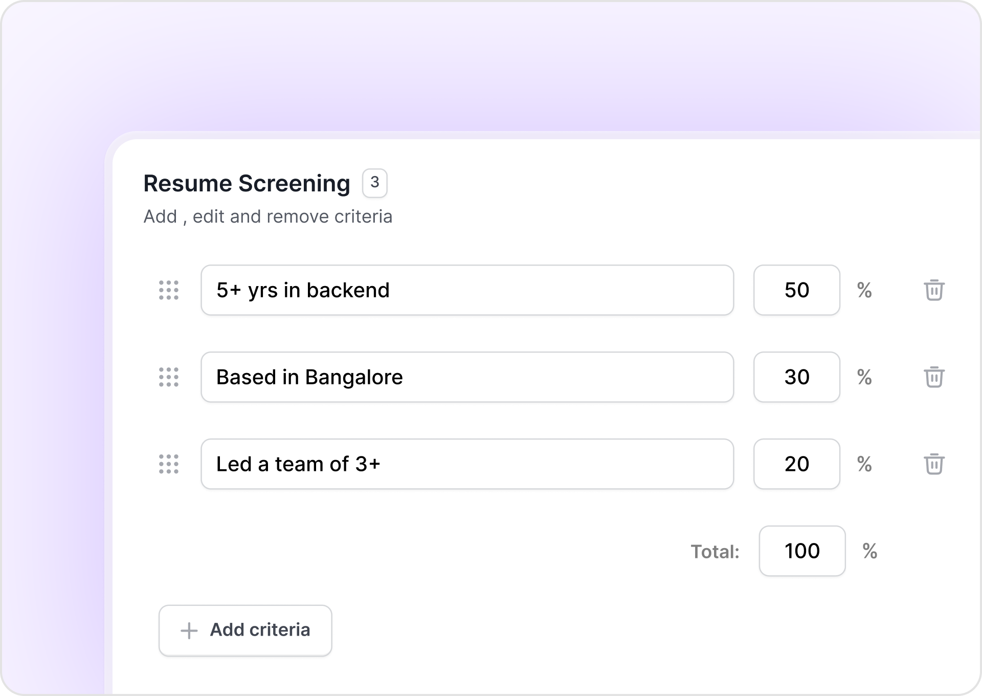 Intervue AI Resume Screening Step 1: Define what matters - Set screening criteria and assign weightages