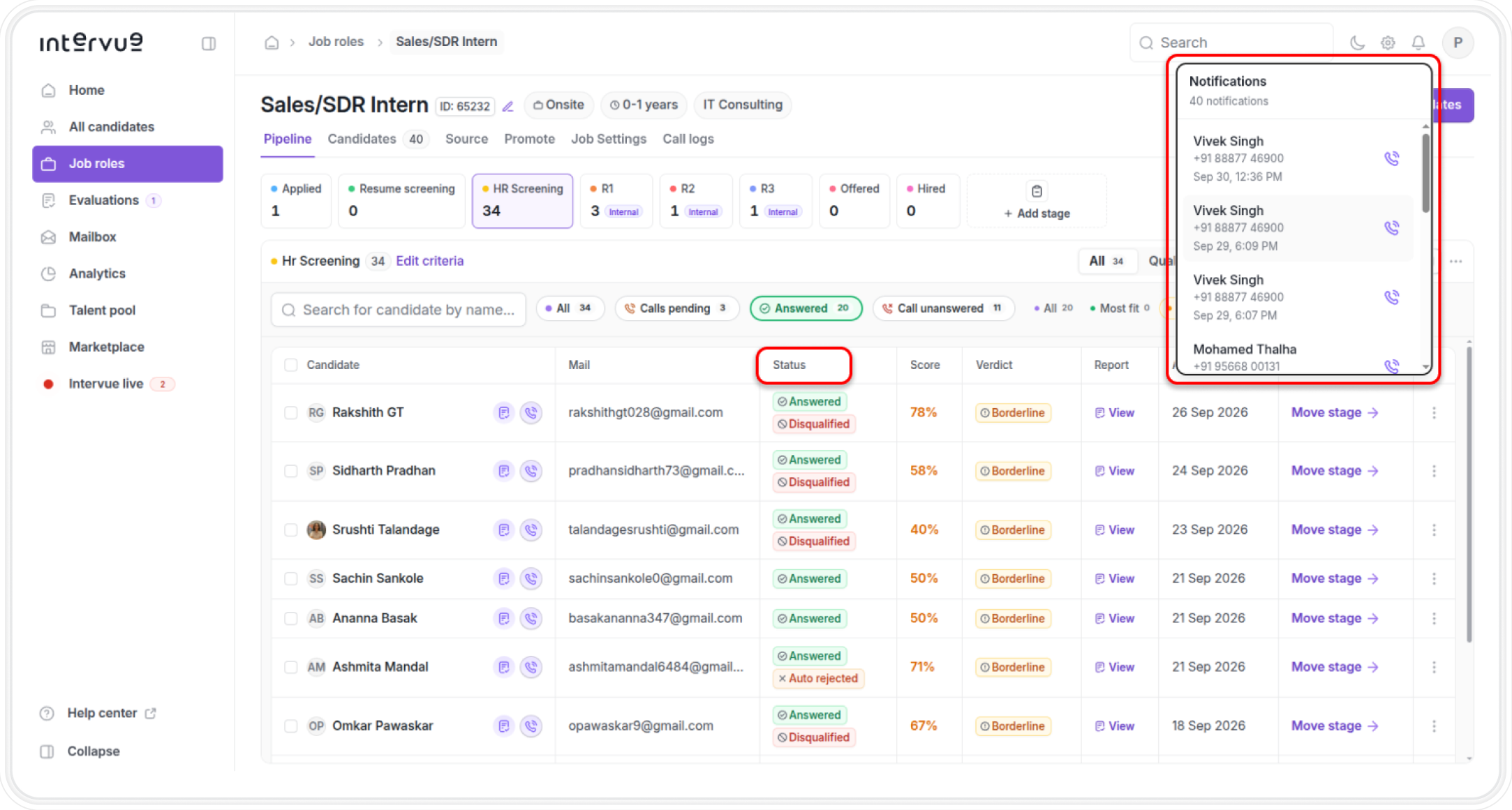 Intervue Recruiter Screening Call Software - Candidate Report Dashboard