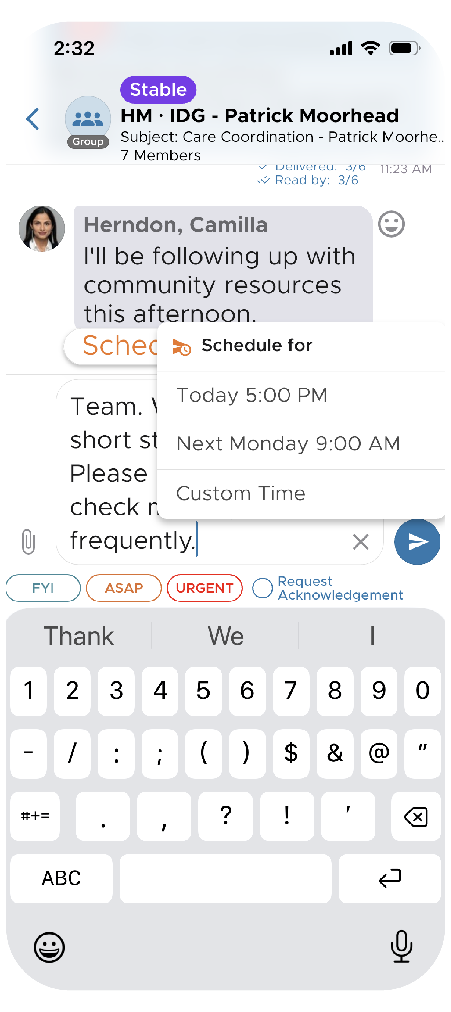 Screenshot of QliqCHAT HIPAA-Compliant Texting App showcasing the ability to draft and schedule messages