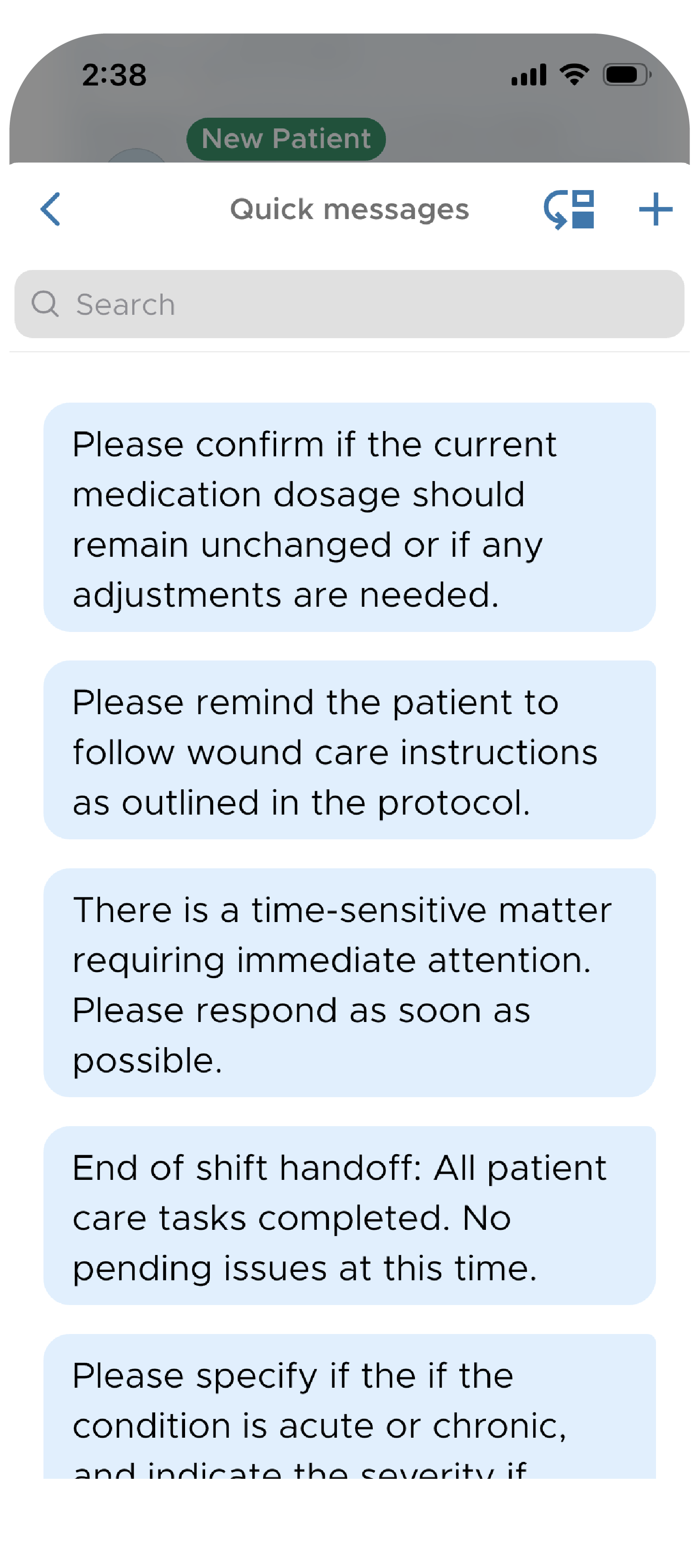 Screenshot of QliqCHAT HIPAA-Compliant Texting App showcasing the ability to create custom message templates for quick collaboration