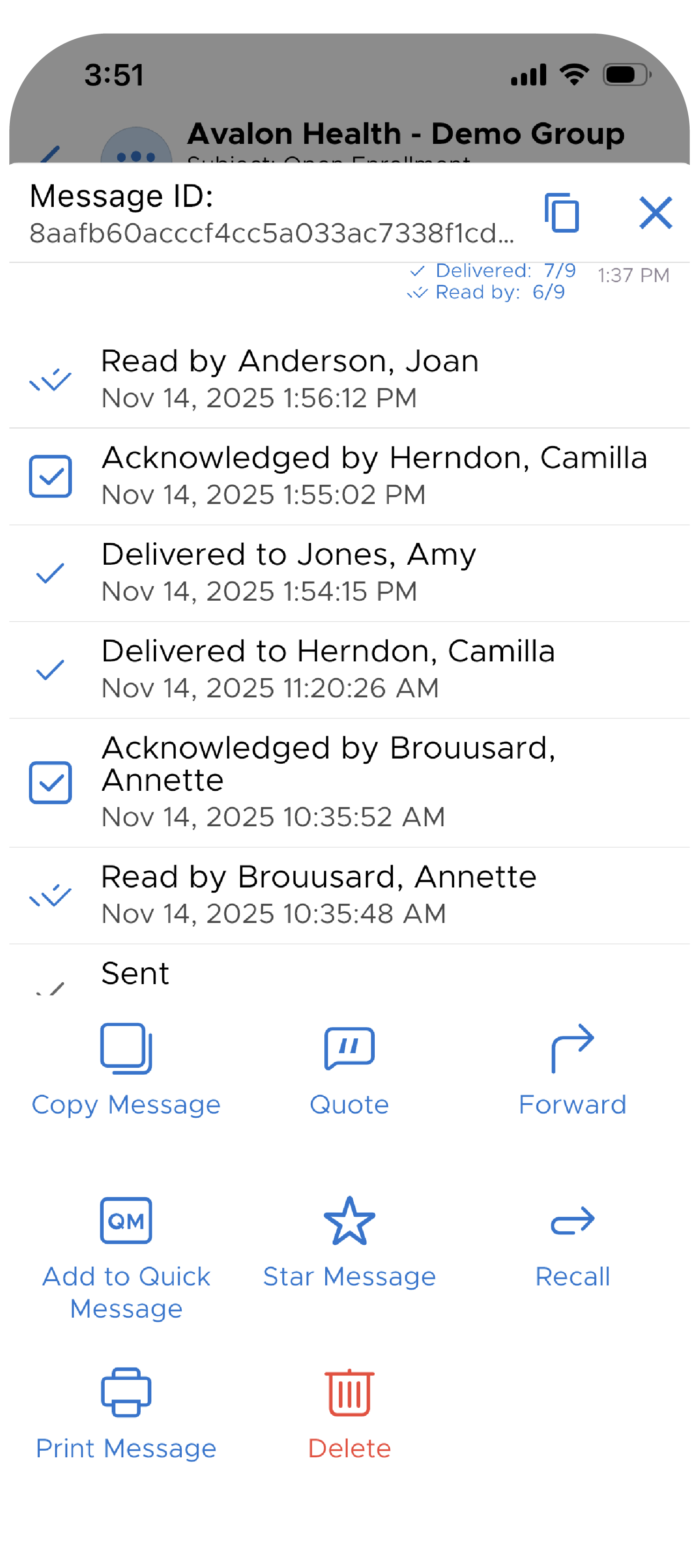 Screenshot of QliqCHAT HIPAA-Compliant Texting App showcasing the ability to request acknowledgment of sent messages