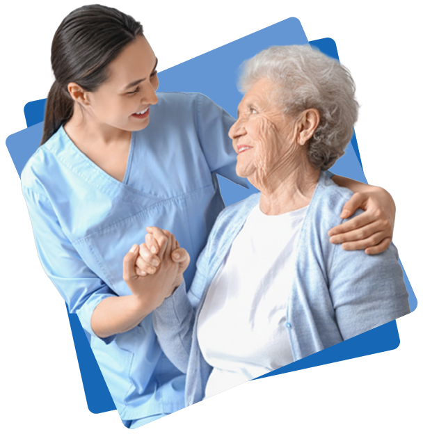 Home health nurse providing compassionate care to elderly patient - QliqSOFT patient engagement software