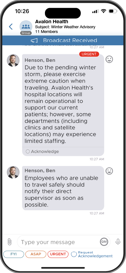 Hospital emergency communication message using QliqCHAT