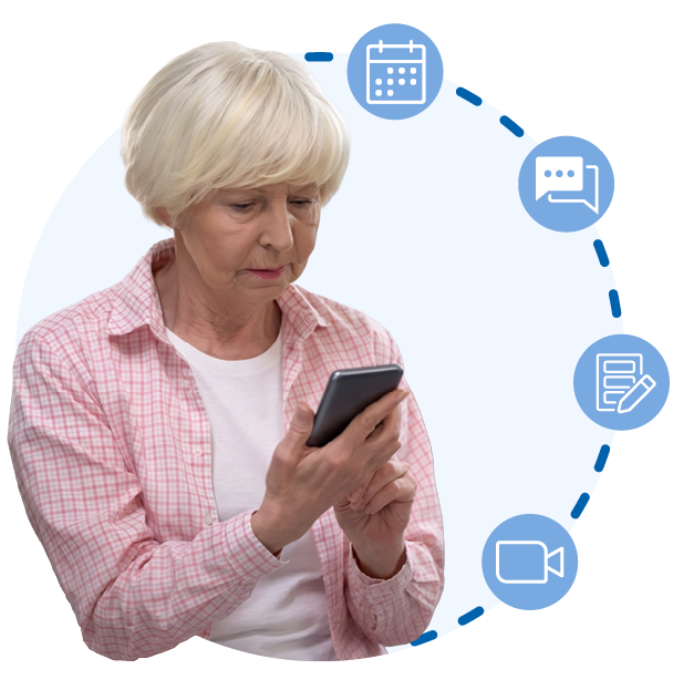 Senior woman in pink checkered shirt using smartphone to receive hospice bereavement support messages with calendar, messaging, forms, and video call icons