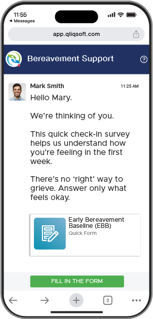QliqSOFT['s secure, browser-based, mobile interface showing automated bereavement check-in message from a chaplain asking 'How are you feeling in the first week' with Early Bereavement Baseline survey button