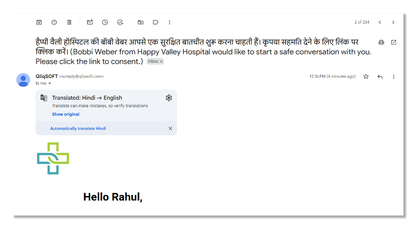 Image of QliqSOFt's real-time translation feature delivered via email