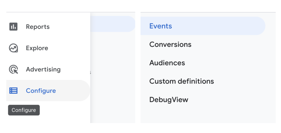 GA4 configure and events tabs