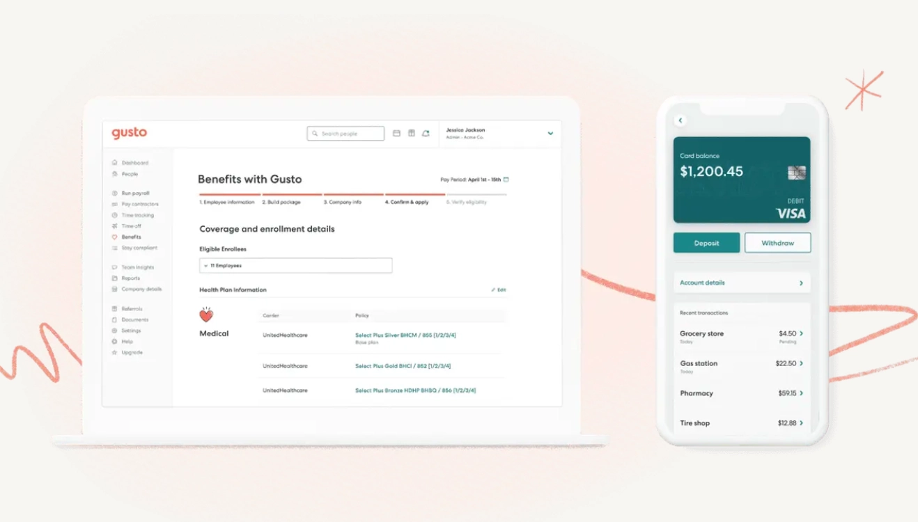 View of Gusto’s benefits dashboard and Visa card on mobile app
