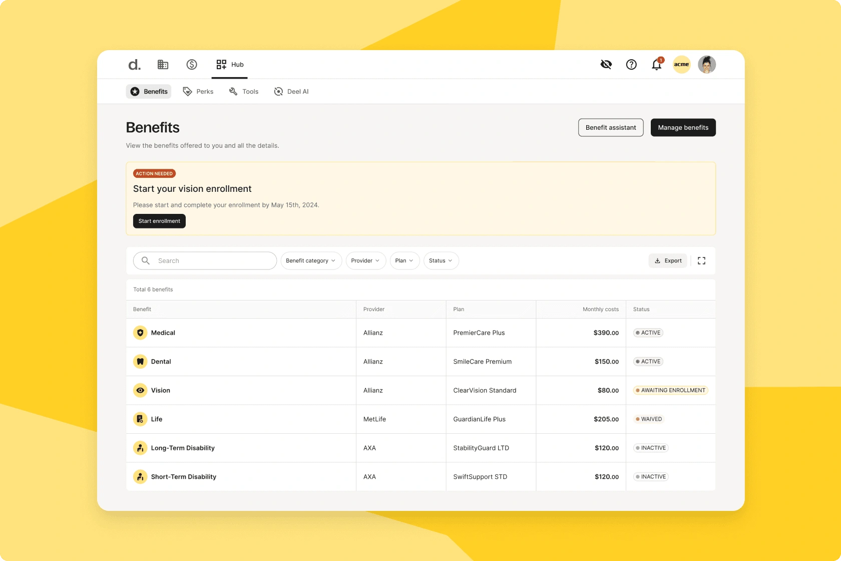 Deel’s employee benefits dashboard