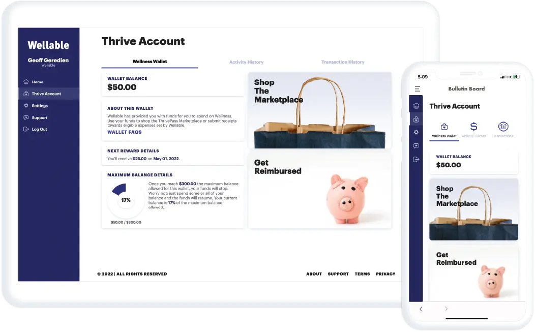 Wellable’s employee-facing account page, showing wallet balance, maximum balance details, and next reward details, among other resources
