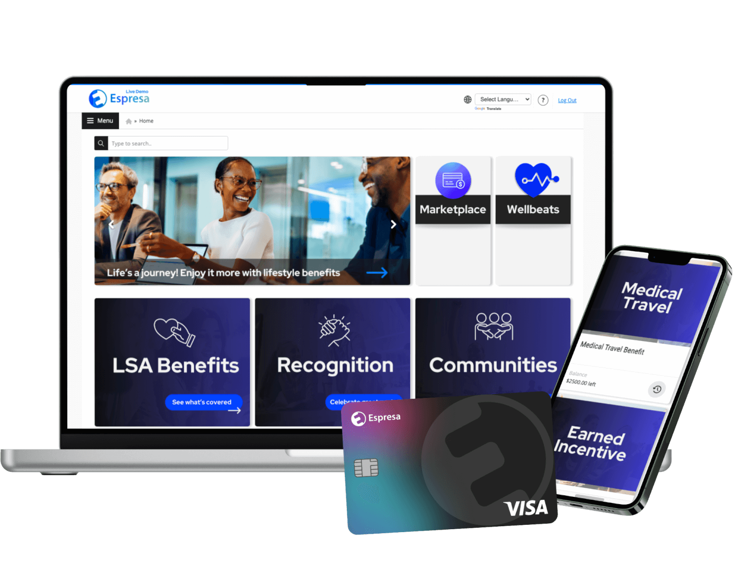 An Espresa illustration of how it offers a unified benefits platform across devices