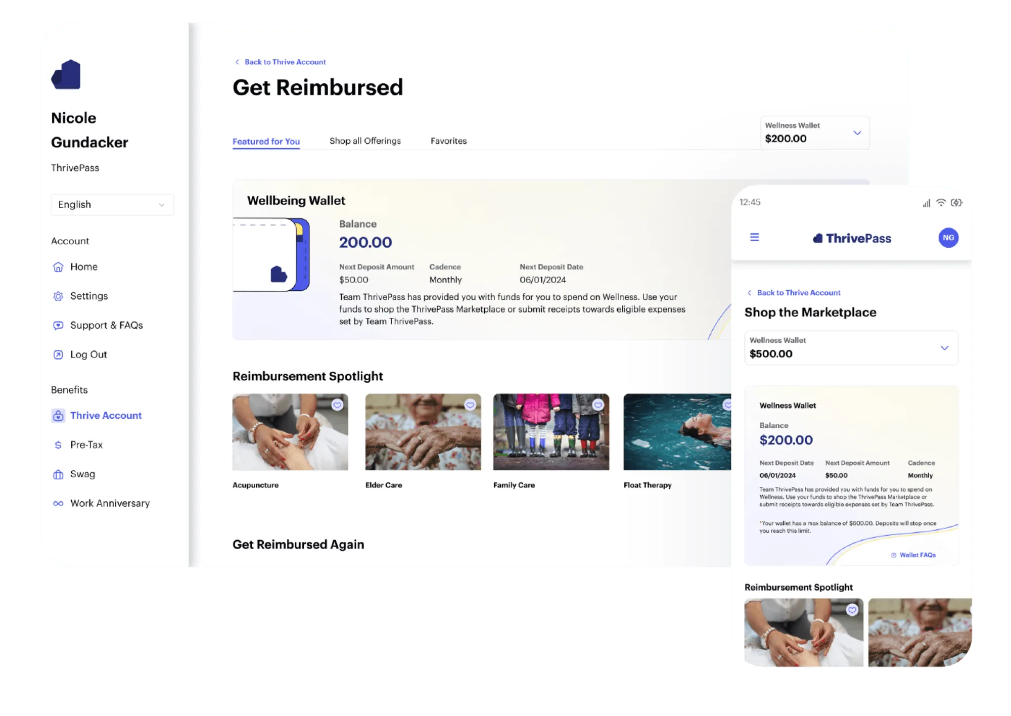 The employee-facing dashboard on desktop and mobile, relaying wallet balance, reimbursement spotlights, and other details