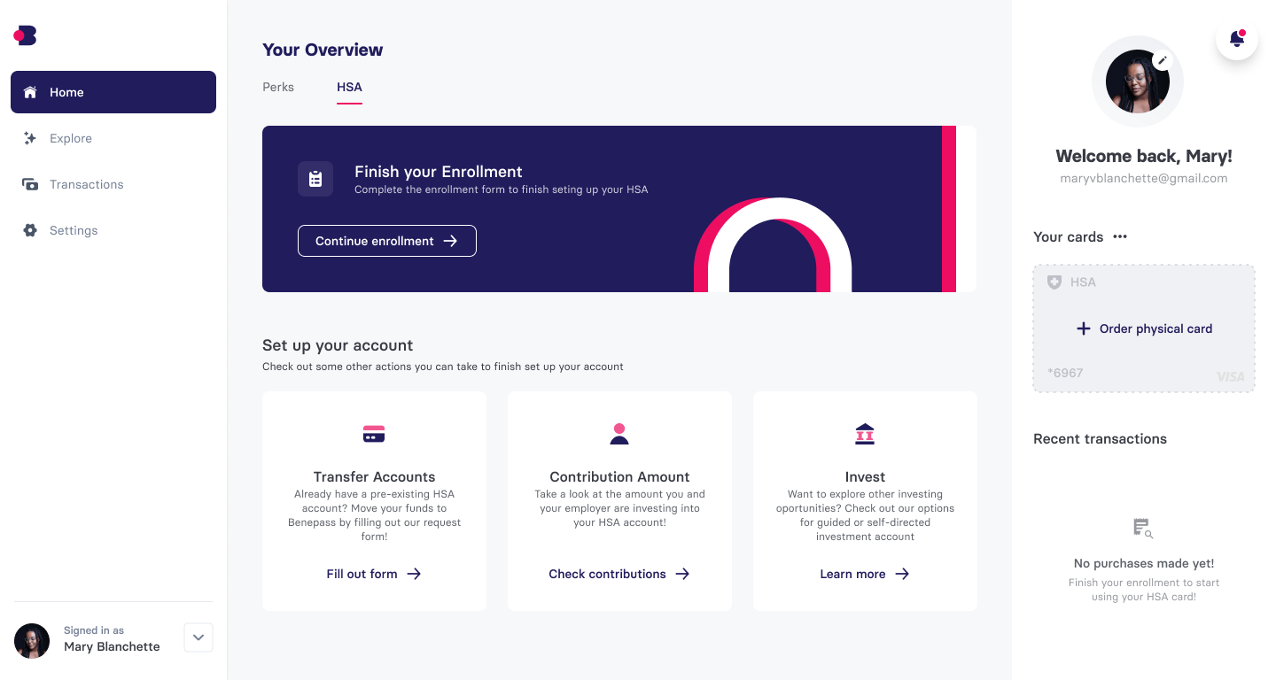 Benepass employee overview hub for HSA enrollment
