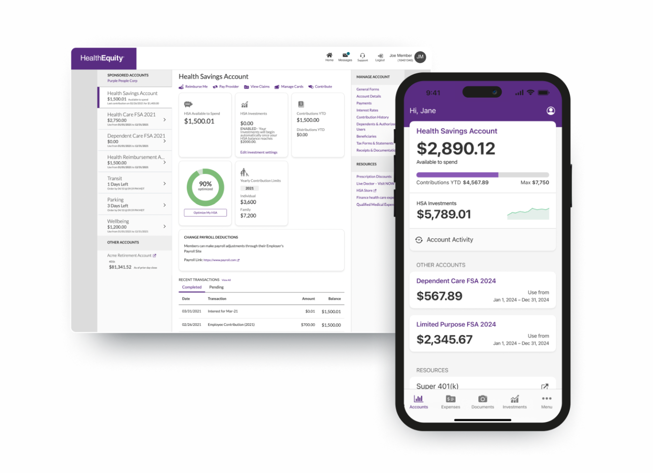 HealthEquity HSA dashboard in desktop and app view
