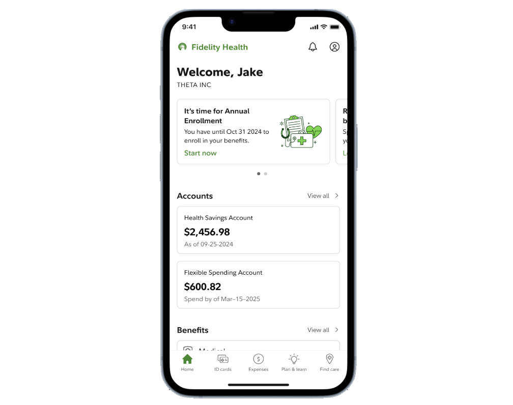 Fidelity’s Health app with HSA and FSA funds on screen