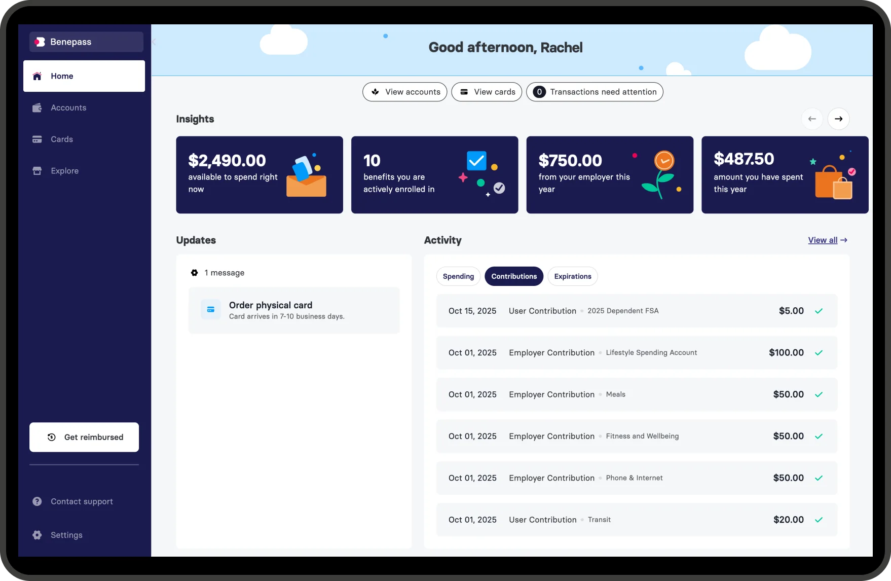 Benepass’s employee-facing home page, showing insights, updates, and activity (Source)