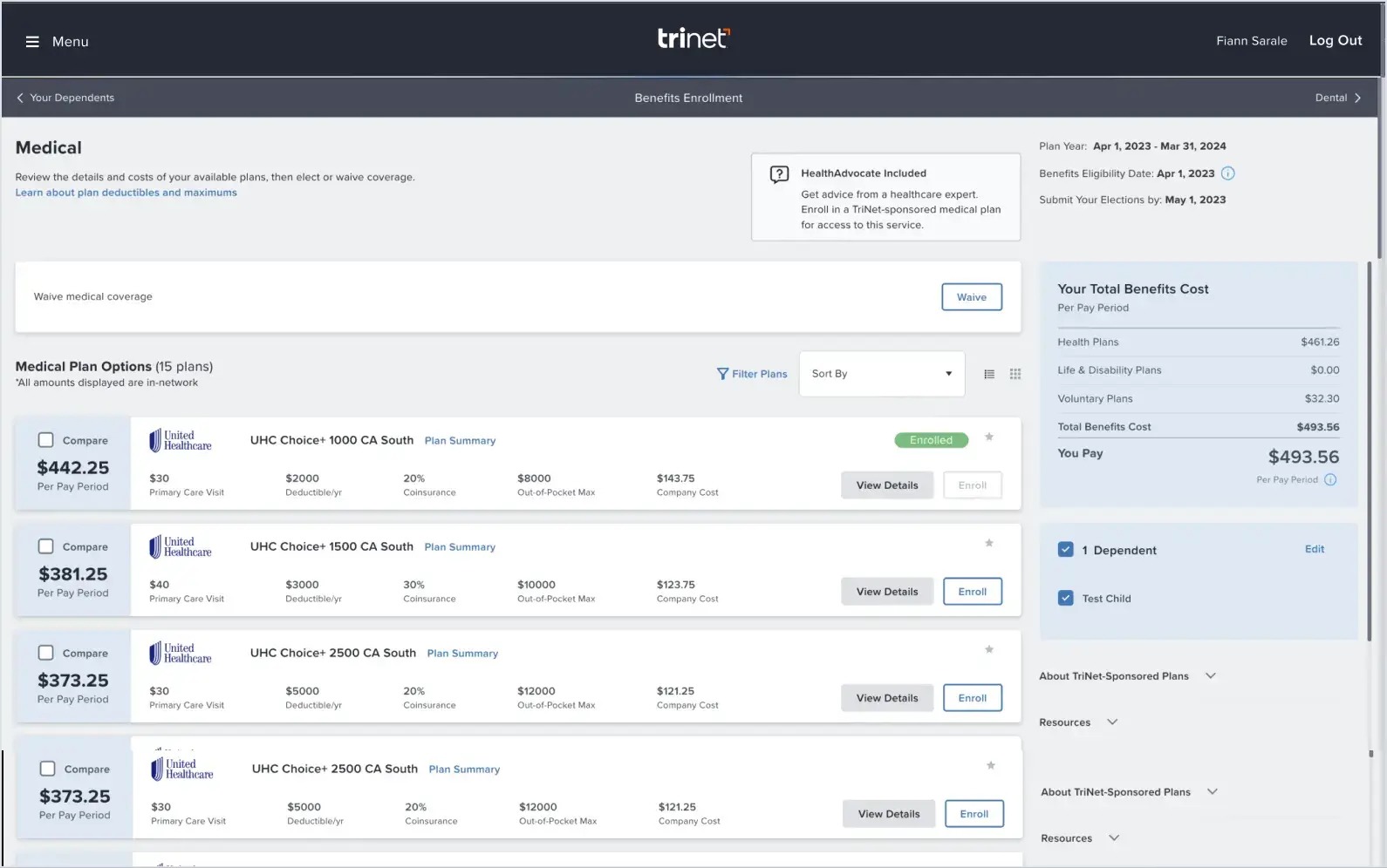 TriNet medical plan options dashboard
