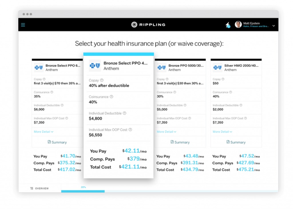 Rippling health insurance plans selection dashboard